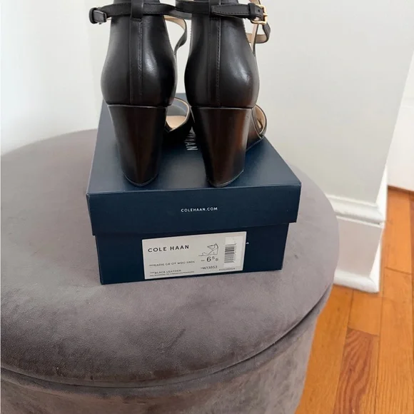 Cole Haan Black Leather Open-Toe Ankle-Strap Heels - Picture 2 of 5